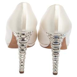 Miu Miu White Satin Crystal Embellished Heel Peep-Toe Platform Pumps Size 37