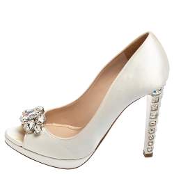 Miu Miu White Satin Crystal Embellished Heel Peep-Toe Platform Pumps Size 37