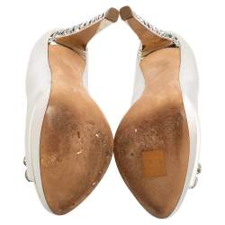 Miu Miu White Satin Crystal Embellished Heel Peep-Toe Platform Pumps Size 37