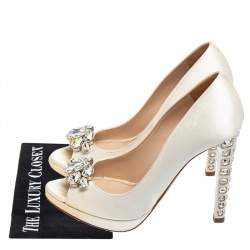 Miu Miu White Satin Crystal Embellished Heel Peep-Toe Platform Pumps Size 37