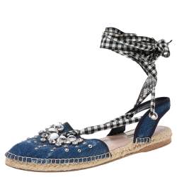 Pre Owned حذاء فلات إسبادريل دنيم أزرق مزخرف كريستال مقاس 39.5