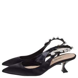 Pre Owned Miu Miu Black Satin Crystal Embellished Slingback Sandals Size 40