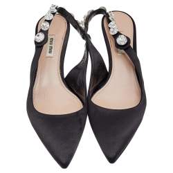 Pre Owned Miu Miu Black Satin Crystal Embellished Slingback Sandals Size 40