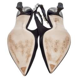 Pre Owned Miu Miu Black Satin Crystal Embellished Slingback Sandals Size 40