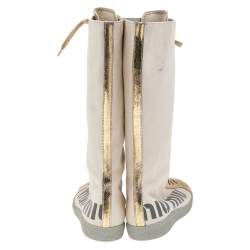 Pre Owned Miu Miu Beige/Metallic Gold Canvas And Crackle Leather Lace Up Calf Length Boots Size 37