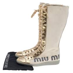 Pre Owned Miu Miu Beige/Metallic Gold Canvas And Crackle Leather Lace Up Calf Length Boots Size 37