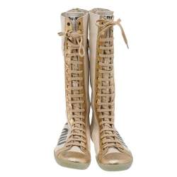 Pre Owned Miu Miu Beige/Metallic Gold Canvas And Crackle Leather Lace Up Calf Length Boots Size 37