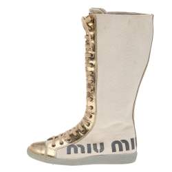 Pre Owned Miu Miu Beige/Metallic Gold Canvas And Crackle Leather Lace Up Calf Length Boots Size 37
