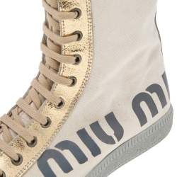 Pre Owned Miu Miu Beige/Metallic Gold Canvas And Crackle Leather Lace Up Calf Length Boots Size 37