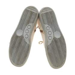 Pre Owned Miu Miu Beige/Metallic Gold Canvas And Crackle Leather Lace Up Calf Length Boots Size 37