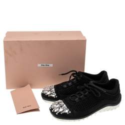 Miu Miu Black Mesh and Satin Crystal Embellished Low-Top Sneakers Size 36.5