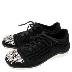 Miu Miu Black Mesh and Satin Crystal Embellished Low-Top Sneakers Size 36.5