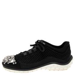 Miu Miu Black Mesh and Satin Crystal Embellished Low-Top Sneakers Size 36.5