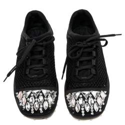 Miu Miu Black Mesh and Satin Crystal Embellished Low-Top Sneakers Size 36.5