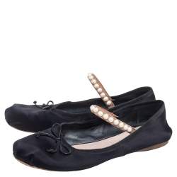Pre Owned Miu Miu Black Satin Embellished Strap Ballet Flats Size 39 