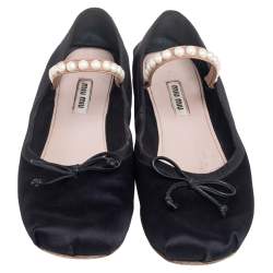 Pre Owned Miu Miu Black Satin Embellished Strap Ballet Flats Size 39 