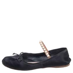 Pre Owned Miu Miu Black Satin Embellished Strap Ballet Flats Size 39 