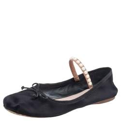 Pre Owned Miu Miu Black Satin Embellished Strap Ballet Flats Size 39 