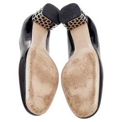 مملوكة مسبقًا حذاء كعب عالي ميو ميو جلد أسود لامع مزخرف كريستال كعب سميك مقاس 37.5