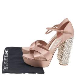Miu Miu Beige Satin Crystal Embellished Block Heel Ankle Strap Platform Sandals Size 38.5