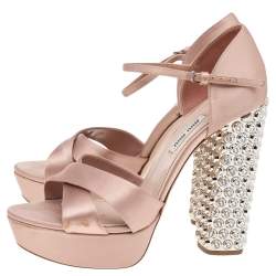 Miu Miu Beige Satin Crystal Embellished Block Heel Ankle Strap Platform Sandals Size 38.5