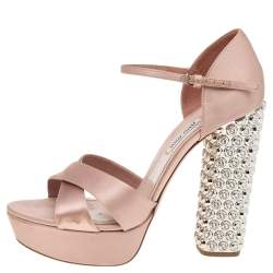 Miu Miu Beige Satin Crystal Embellished Block Heel Ankle Strap Platform Sandals Size 38.5