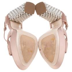 Miu Miu Beige Satin Crystal Embellished Block Heel Ankle Strap Platform Sandals Size 38.5