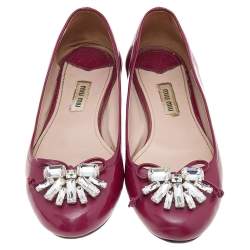 Miu Miu Burgundy Patent Leather Crystal Embellished Ballet Flats Size 38