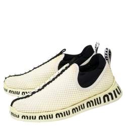 Pre Owned Miu Miu Cream Mesh Crystal Embellished Slip-On Sneakers Size 36