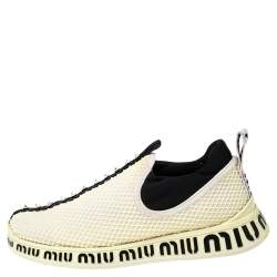 Pre Owned Miu Miu Cream Mesh Crystal Embellished Slip-On Sneakers Size 36