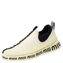 Pre Owned Miu Miu Cream Mesh Crystal Embellished Slip-On Sneakers Size 36