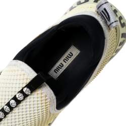 Pre Owned Miu Miu Cream Mesh Crystal Embellished Slip-On Sneakers Size 36