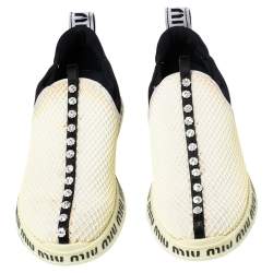 Pre Owned Miu Miu Cream Mesh Crystal Embellished Slip-On Sneakers Size 36