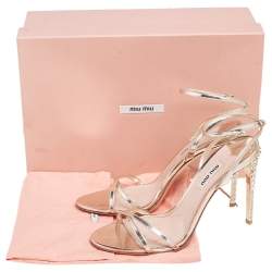 Pre Owned Miu Miu Gold Leather Crystal Heel Ankle Strap Sandals Size 37