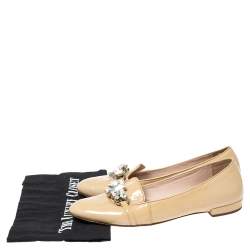 Pre Owned Miu Miu Beige Patent Leather Crystal Embellished Smoking Slippers Size 38