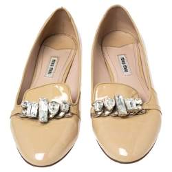 Pre Owned Miu Miu Beige Patent Leather Crystal Embellished Smoking Slippers Size 38
