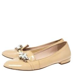 Pre Owned Miu Miu Beige Patent Leather Crystal Embellished Smoking Slippers Size 38