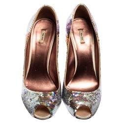 Miu Miu Multicolor Sequins Embellished Fabric Peep-Toe Pumps Size 40