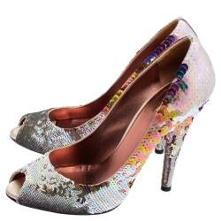 Miu Miu Multicolor Sequins Embellished Fabric Peep-Toe Pumps Size 40