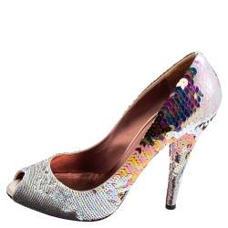 Miu Miu Multicolor Sequins Embellished Fabric Peep-Toe Pumps Size 40