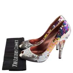Miu Miu Multicolor Sequins Embellished Fabric Peep-Toe Pumps Size 40