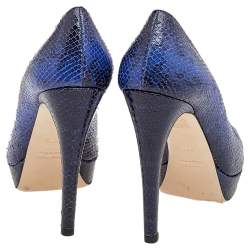 Miu Miu Blue Python Embossed Leather Peep Toe Platform Pumps Size 37.5