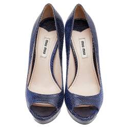Miu Miu Blue Python Embossed Leather Peep Toe Platform Pumps Size 37.5