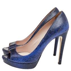 Miu Miu Blue Python Embossed Leather Peep Toe Platform Pumps Size 37.5