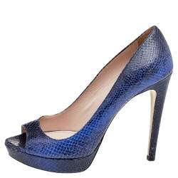 Miu Miu Blue Python Embossed Leather Peep Toe Platform Pumps Size 37.5