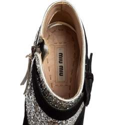 Pre Owned Miu Miu Silver/Black Glitter and Suede Peep-Toe Ankle Boots Size 37.5