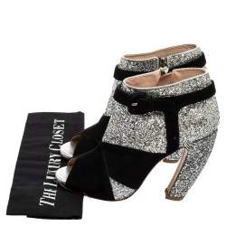 Pre Owned Miu Miu Silver/Black Glitter and Suede Peep-Toe Ankle Boots Size 37.5