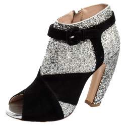 Pre Owned Miu Miu Silver/Black Glitter and Suede Peep-Toe Ankle Boots Size 37.5
