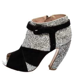 Pre Owned Miu Miu Silver/Black Glitter and Suede Peep-Toe Ankle Boots Size 37.5