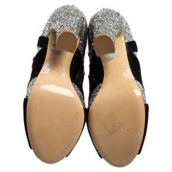 Pre Owned Miu Miu Silver/Black Glitter and Suede Peep-Toe Ankle Boots Size 37.5